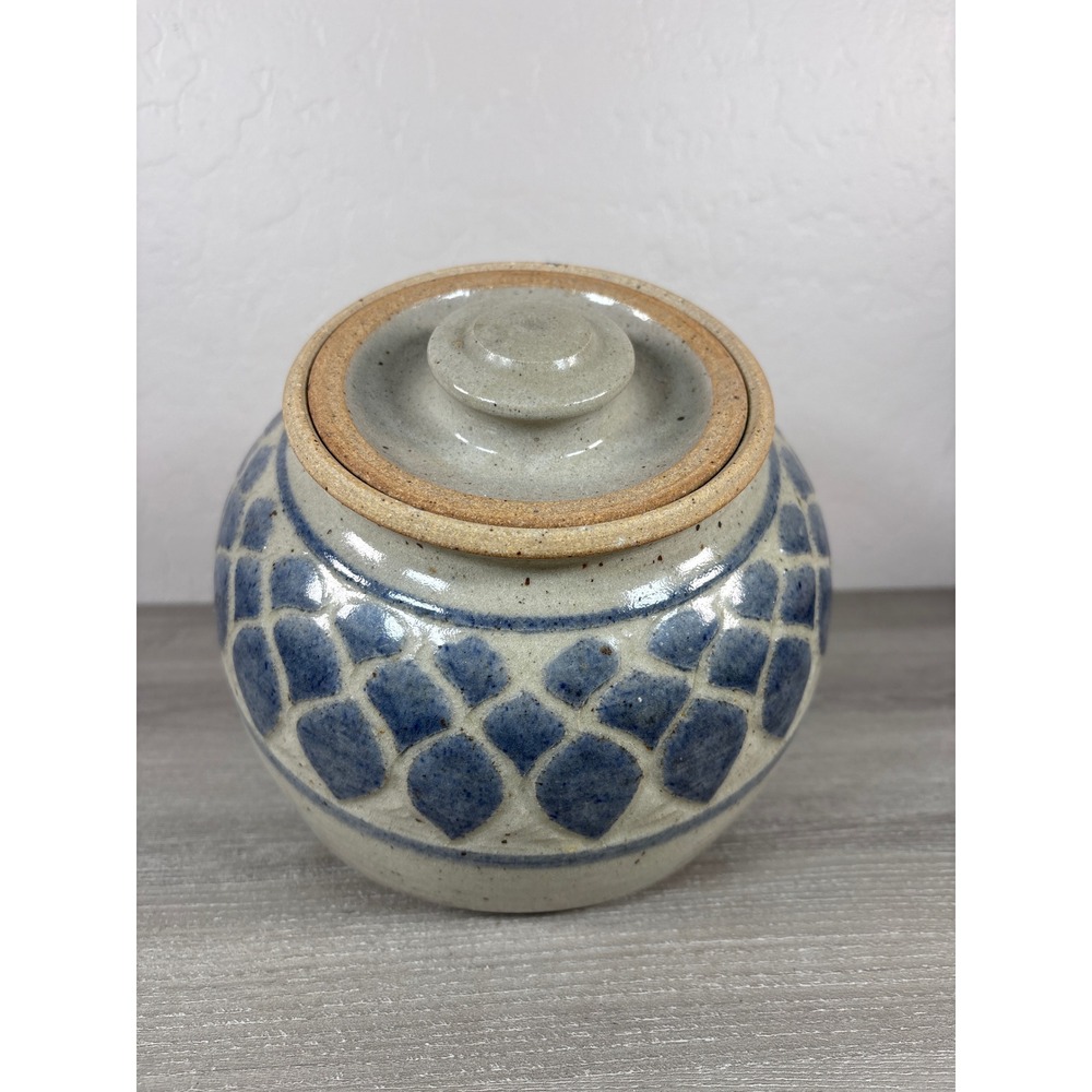 Studio Pottery Lidded Tilted Candy Jar Blue Stoneware‎ Signed Artist Monogram - Picture 2 of 7